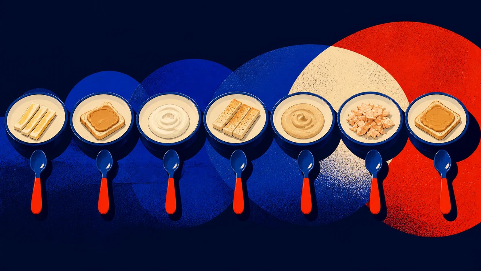 An editorial illustration of baby-safe allergen foods appearing across a sequence of meals