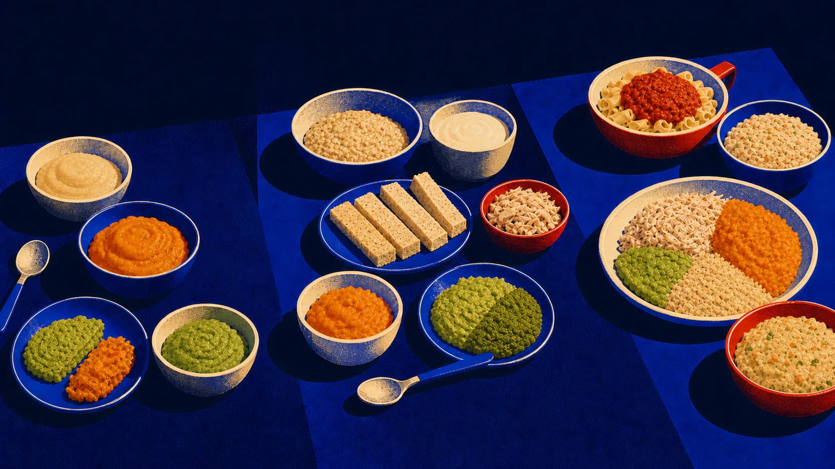 An editorial illustration of a baby menu changing from produce to a broader mix of foods