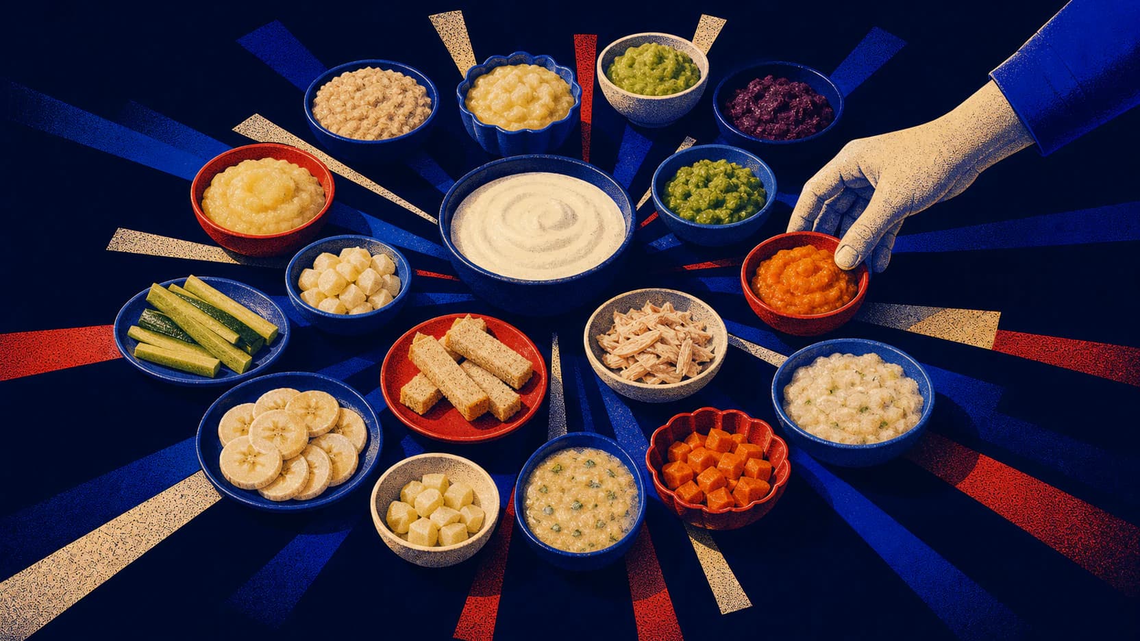 An editorial illustration of a baby menu expanding into many small foods and dishes