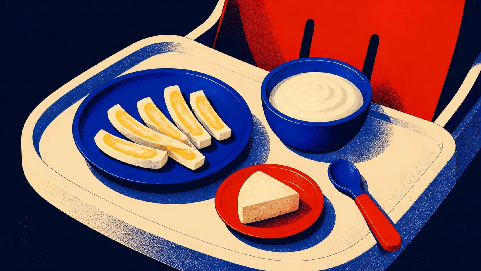 An editorial illustration pairing cooked egg and yogurt on a baby high-chair tray