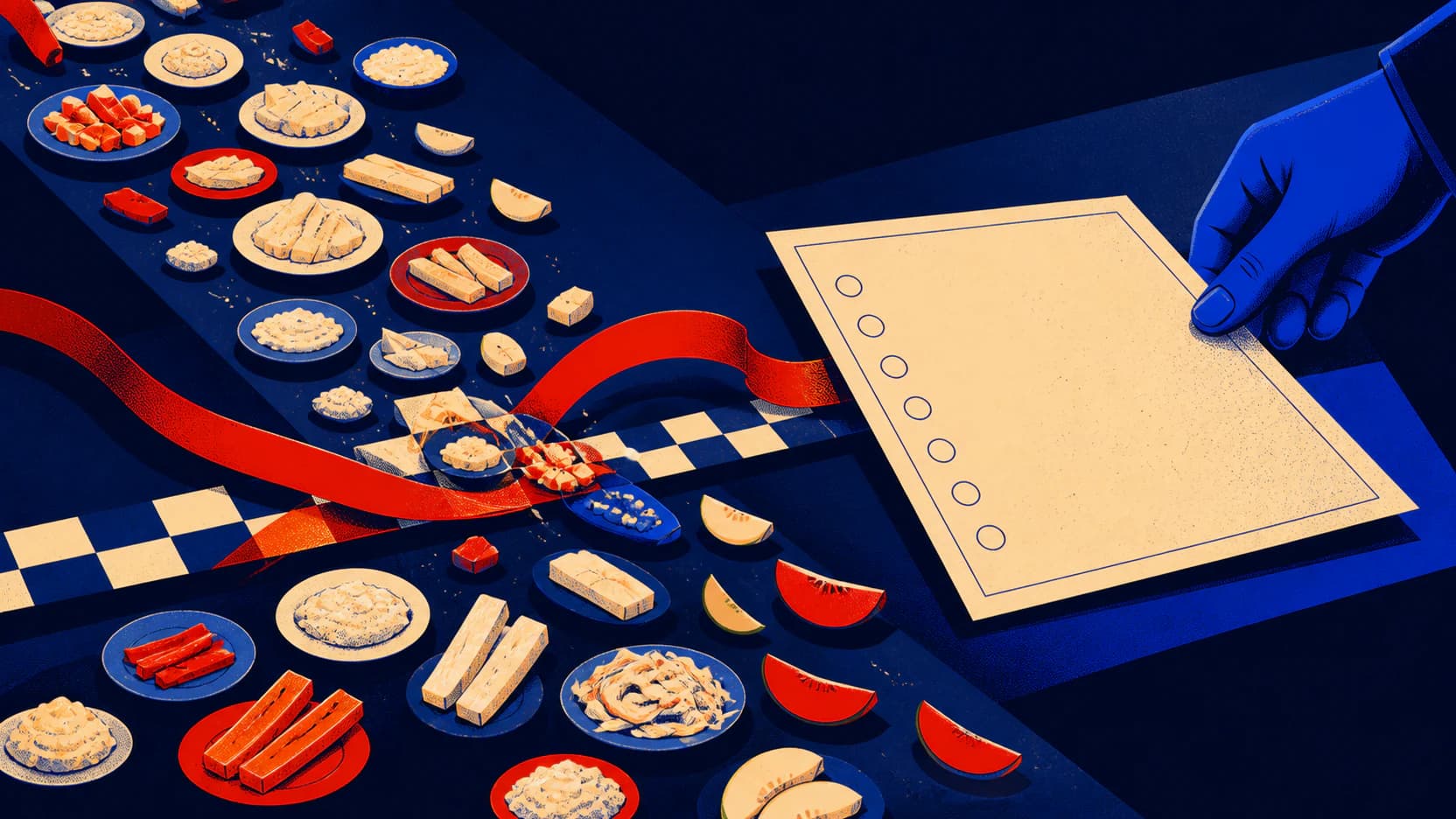 An editorial illustration of many foods overtaking a counting challenge