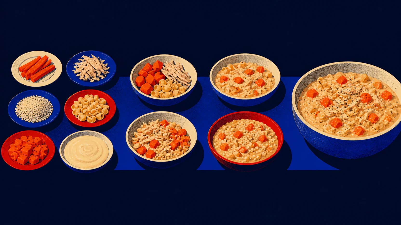 An editorial illustration of simple ingredients becoming a composed family-style meal