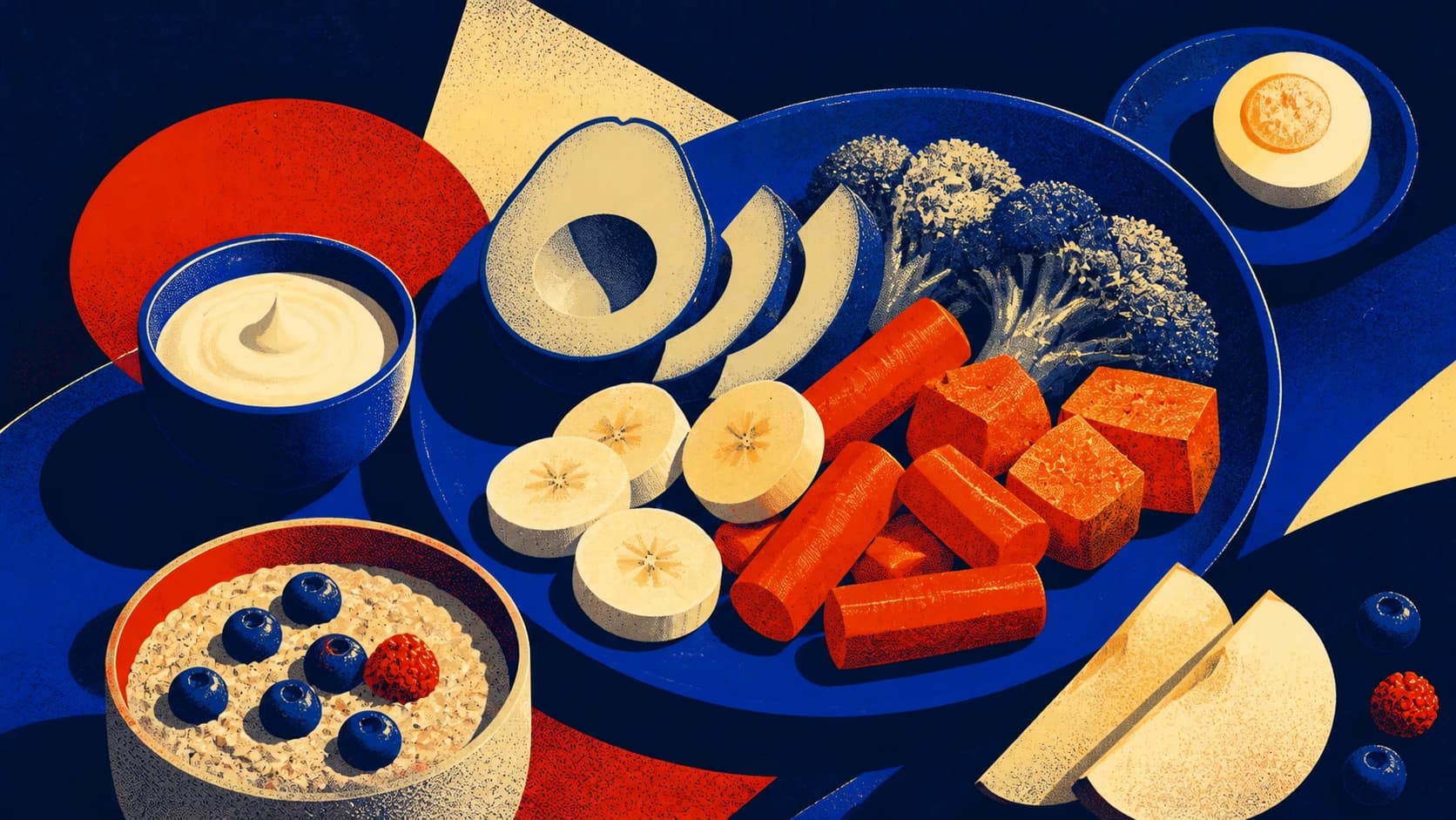 An editorial illustration of fruits and vegetables filling an early baby menu