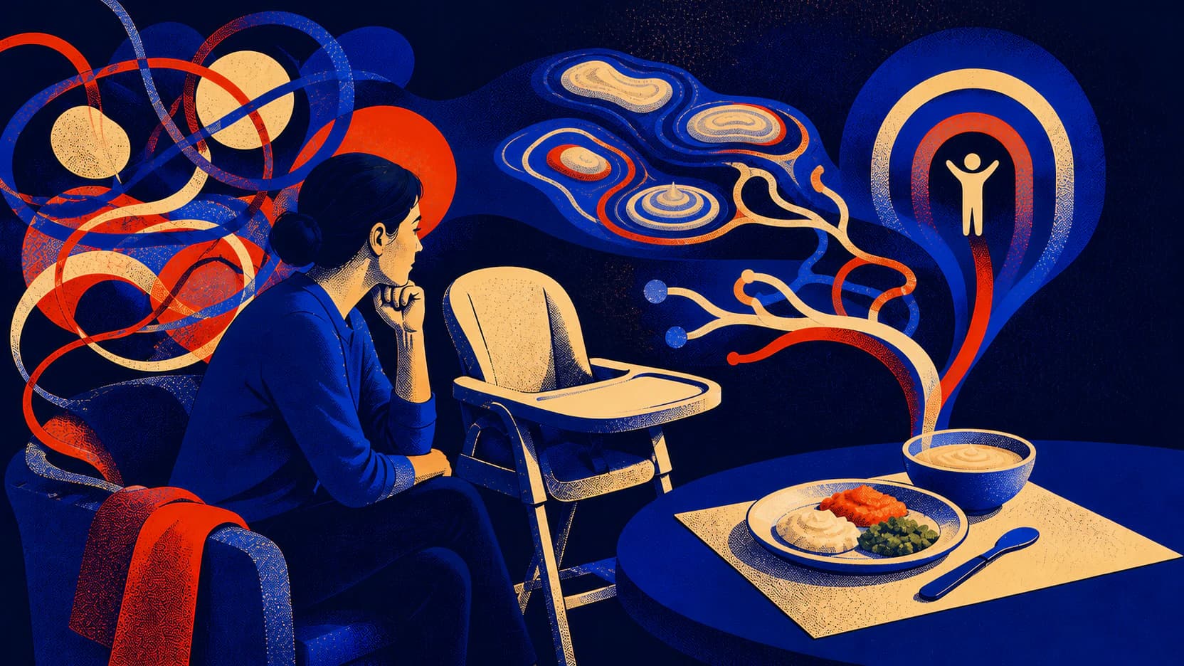 An editorial illustration of a caregiver considering common starting-solids concerns
