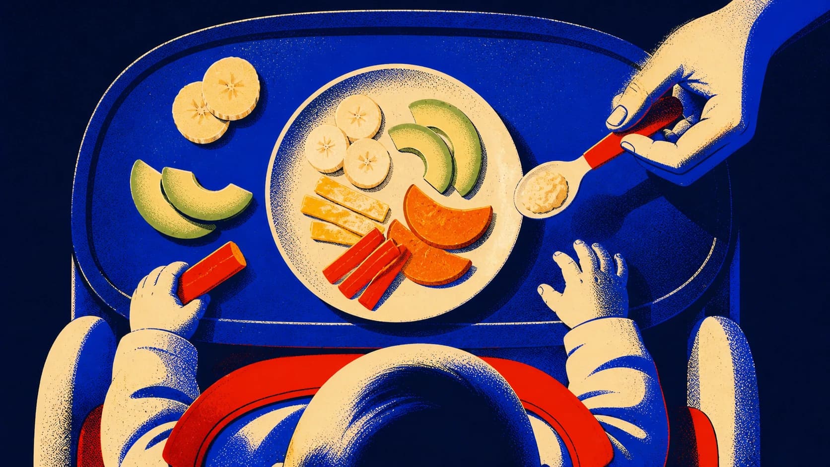 An editorial illustration of popular first foods arranged around a baby plate