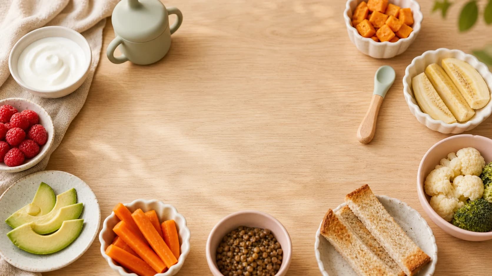 A wooden table surrounded by bowls of soft first foods, including avocado, banana, carrots, lentils, raspberries, yogurt, and sweet potato.