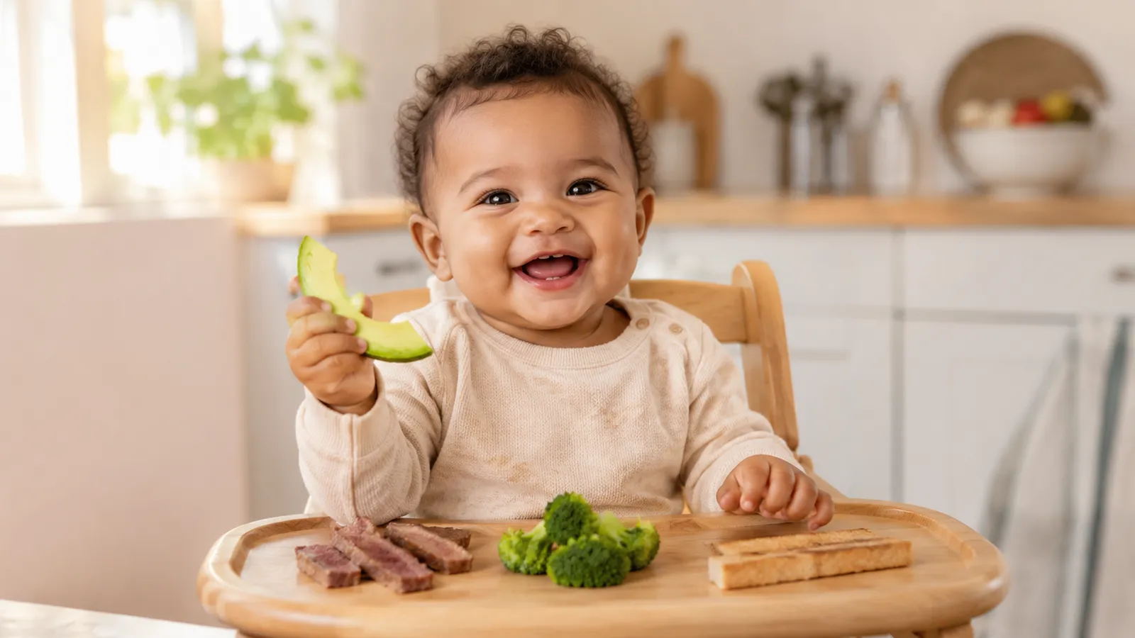 A baby in a high chair grasping a soft strip of avocado beside cooked meat and broccoli.